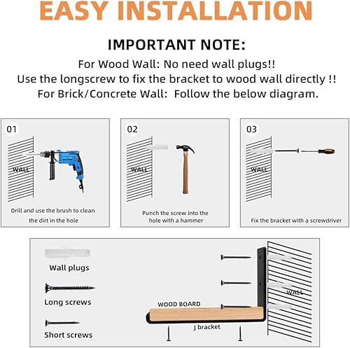 Miniatura 4 de Soportes de estante de 12 pulgadas, soporte flotante de metal negro resistente, soporte decorativo de hierro rústico en L con labiogancho, soportes