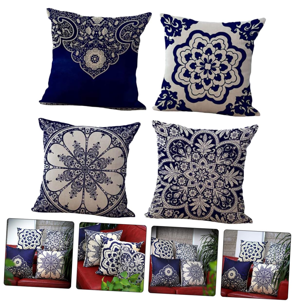 NUOBESTY 4 pezzi Federe Cuscini Quadrate in Lino e Cotone Stile Cinese con Motivo Floreale Classico per Divano Casa Ufficio Copricuscini Decorativi con Chiusura Zip per Soggiorno e Camera
