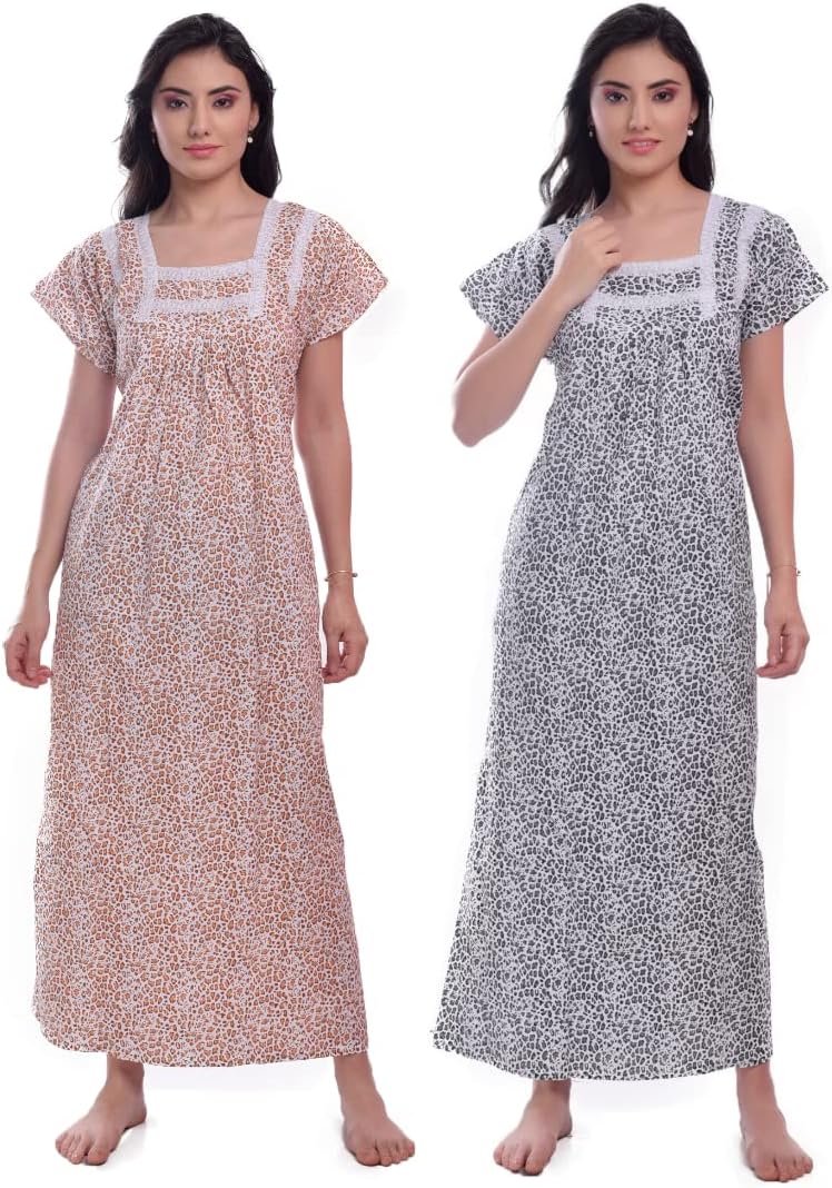 CIERGE Women's Cotton Lace Solid Color Nighty (Pack of 2)