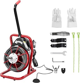 75FT x 1/2 Inch Electric Drain Cleaner Machine | K300K Sewer Auger for 1 to 4 Inch Pipes with 4 Cutters, Air-Activated Foot Switch, and Gloves