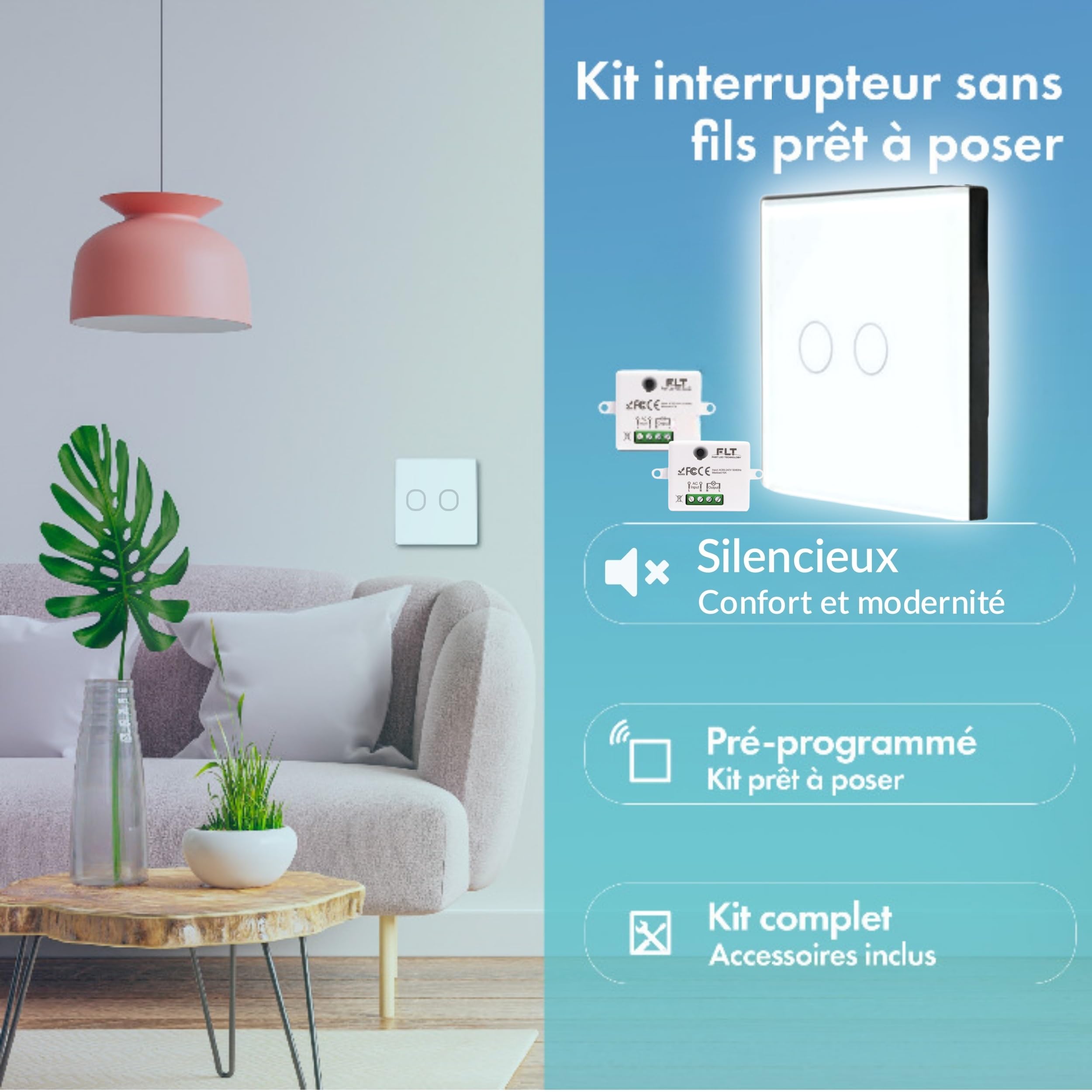KIT interrupteur sans fil - 2 Télécommandes murales + 1 Mini récepteur encastrable - Va et vient sans travaux - Commande à distance - commutateur radio RF (1+2 - Bouton Double)