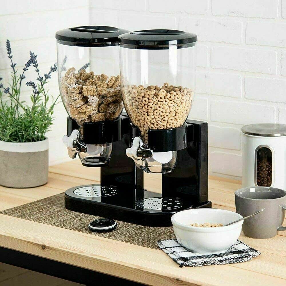 DISCORAMA COPPIA DISPENSER DI CEREALI, DISTRIBUTORE DI CORNFLAKES 8 LITRI, CONTENITORE CEREALI DOPPIO, DOSATORE, COLAZIONE, SALVASPAZIO