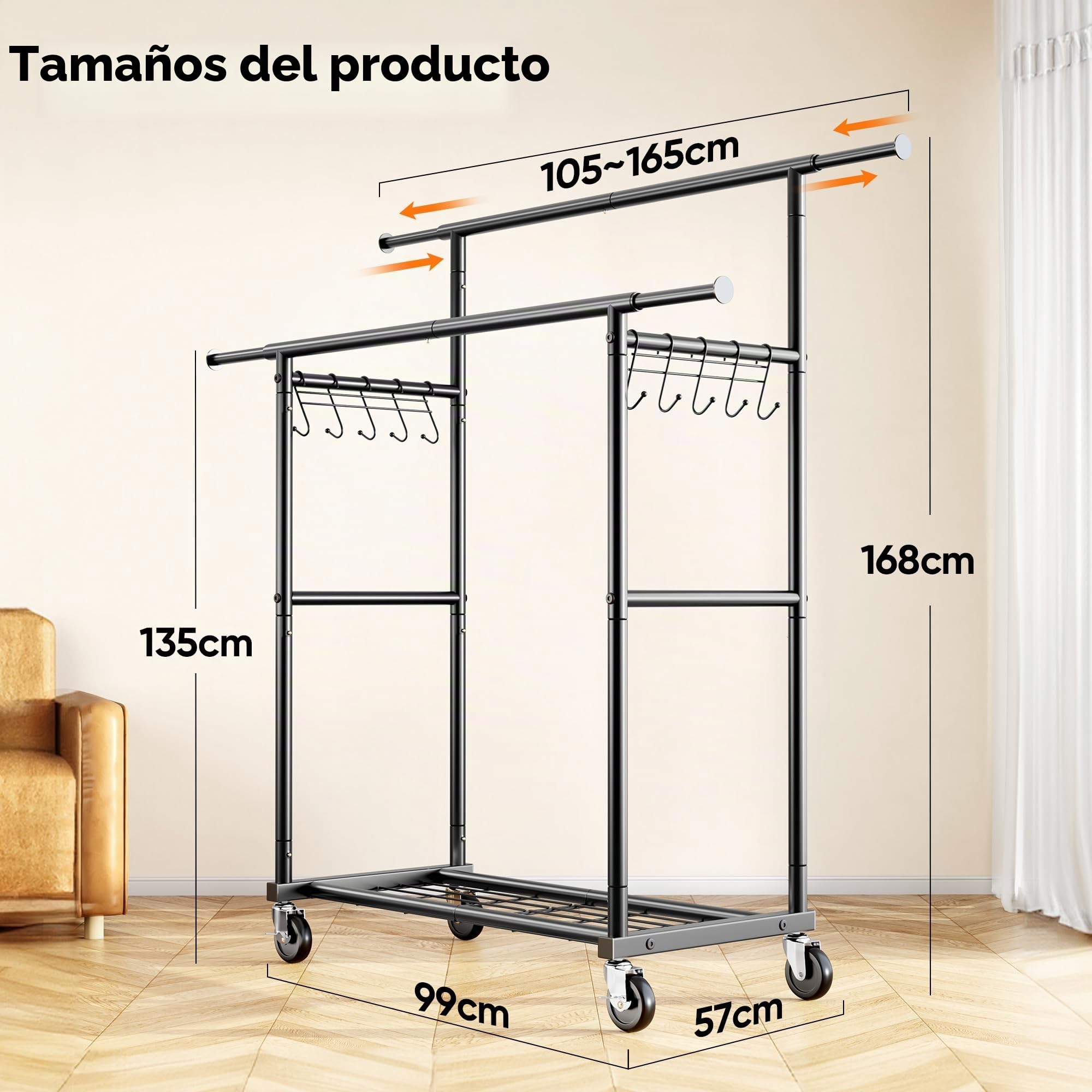 HOKEEPER Perchero de Doble Barra con Ruedas y Estante, Negro | Resistente 204kg , Portátil para Dormitorio, Lavandería y Abrigos, Negro