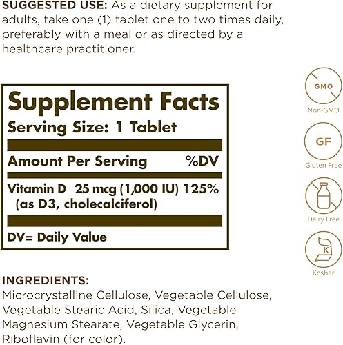 Miniatura 2 de Solgar Vitamina D3 colecalciferol 25 mcg 1000 UI 90 comprimidos  Ayuda a mantener huesos y dientes saludables  Apoyo al sistema inmunológico  Sin