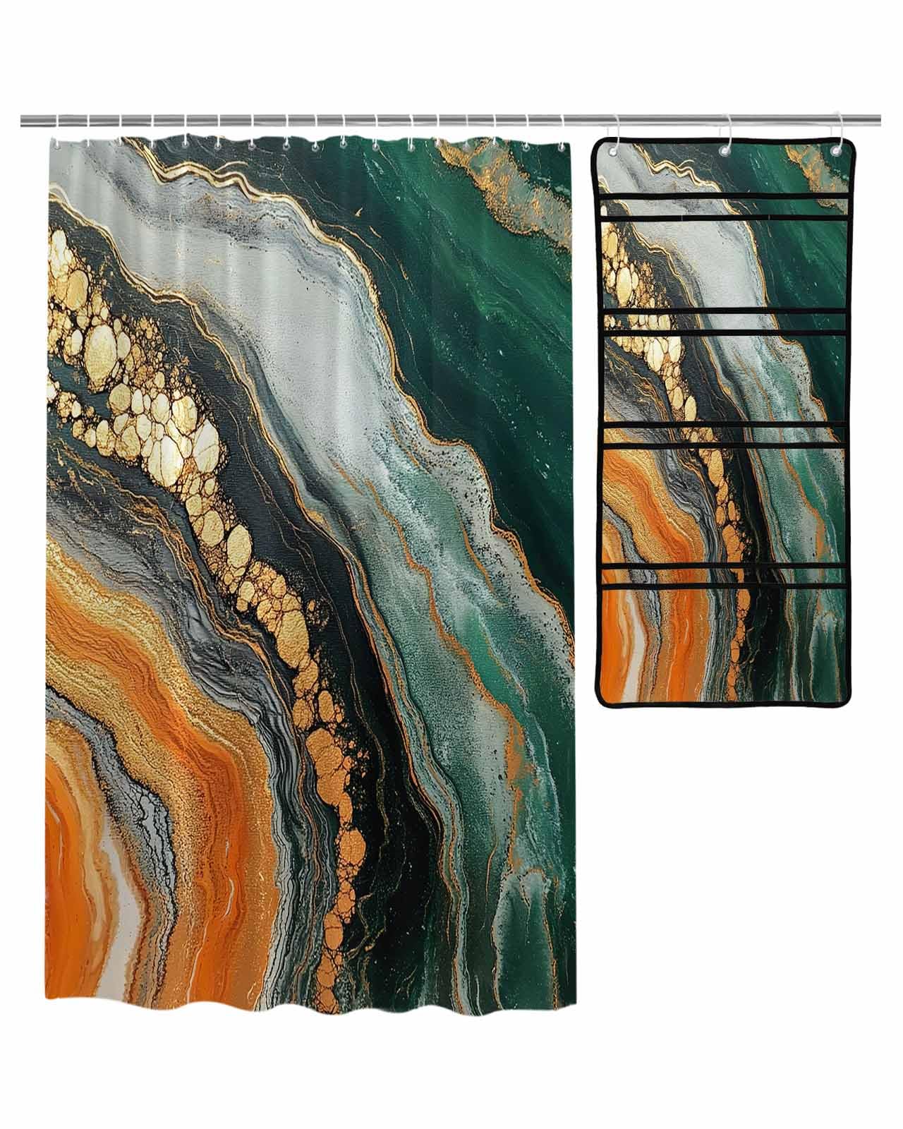 ZFUNCING Shower Curtain Mesh Shower Organizer Set Modern Abstract Marble Texture Waterproof Bath Curtains Hanging Shower Caddy Bathroom