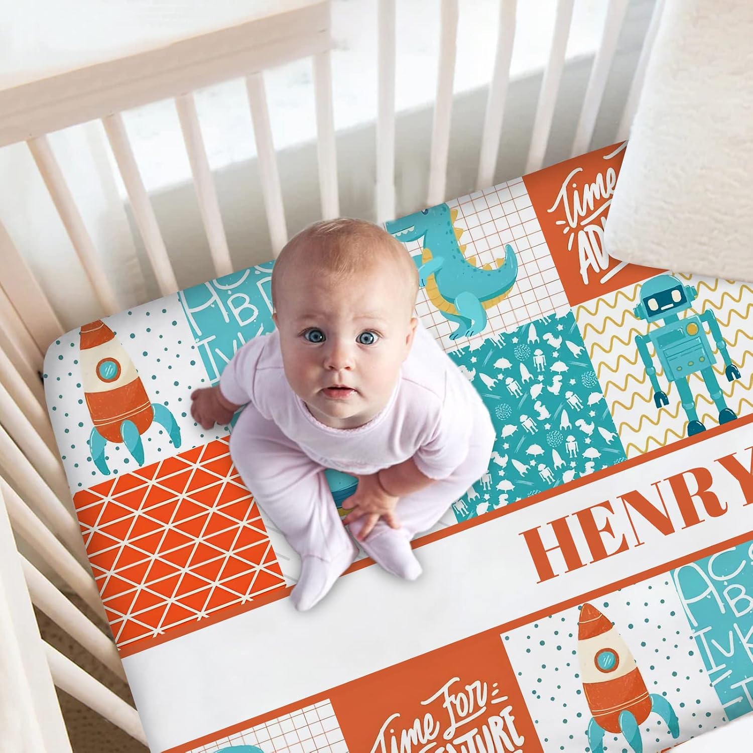 Personalized Baby Bedding Sets for Boys, Custom Crib Bedding with Name, Nursery Bedding - 2 Piece Set, Name Comforter, Fitted Sheets (Robot)