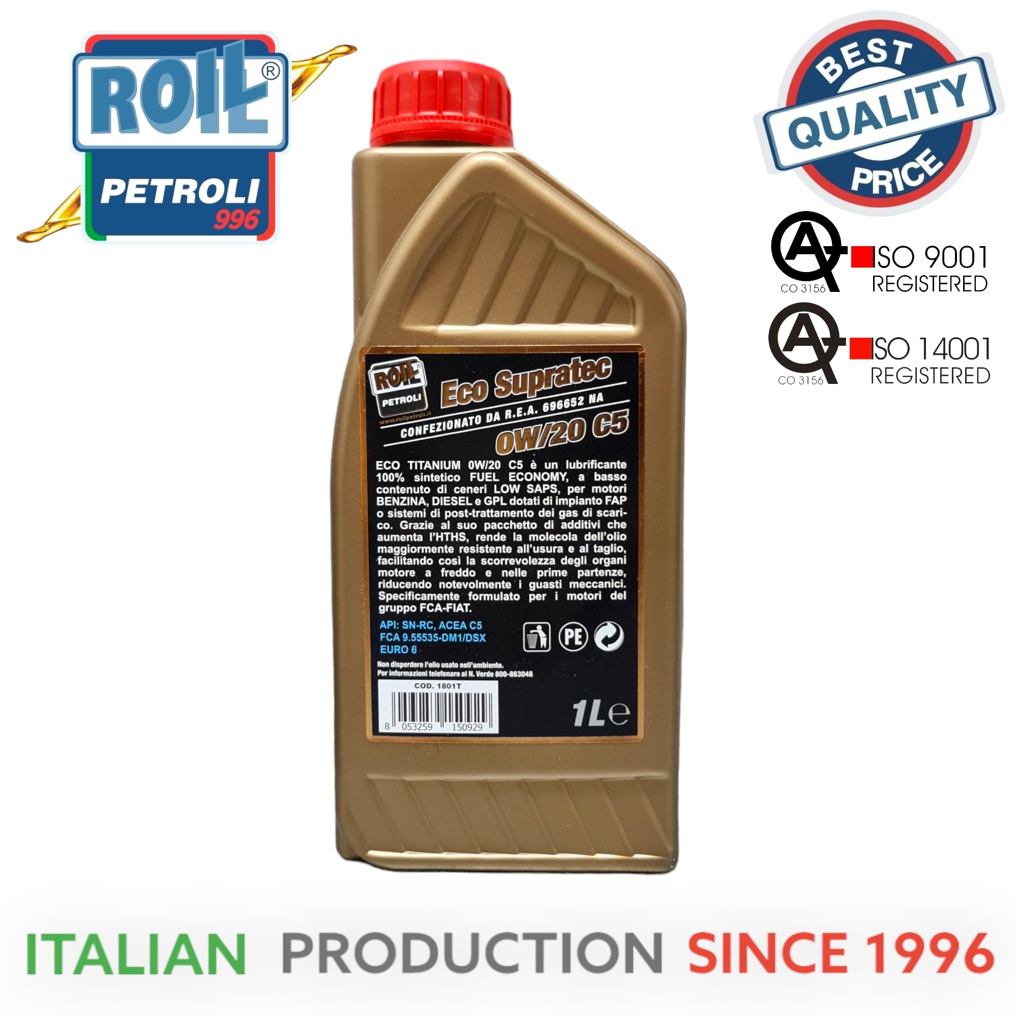 ROIL PETROLI 5 Litri di Eco SUPRATEC 0W/20 C5 - Lubrificante 100% Sintetico Fuel Economy