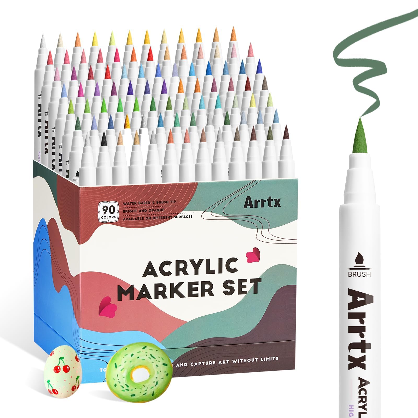 Arrtx 90 Colors Paint Markers, Acrylic Paint Pens for Artists Adults Coloring Drawing - Extra Brush Tip for Rock Painting, Wood, Canvas, DIY Crafts Making Art Supplies