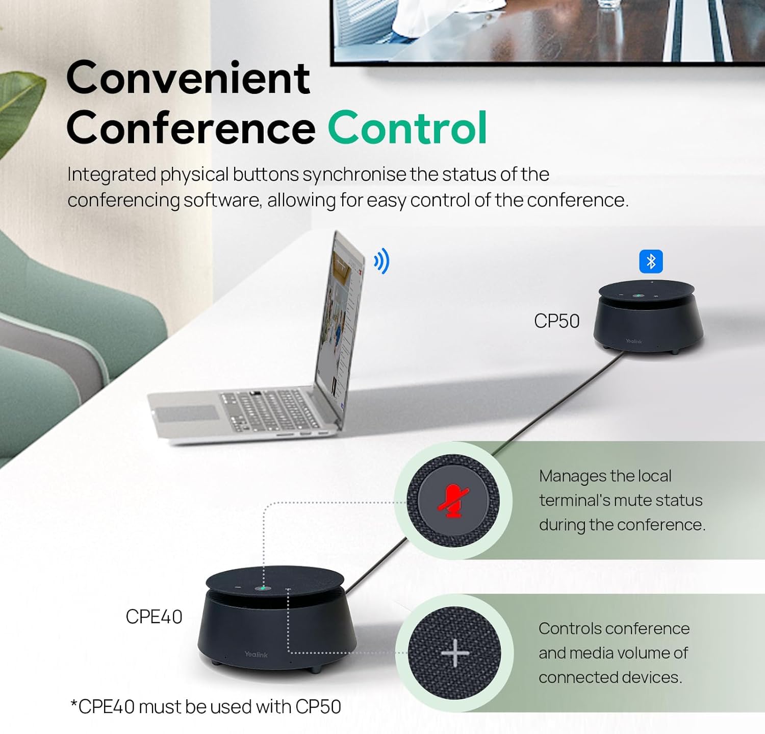 Yealink CPE40 Conference Speaker, Expansion Microphone for CP50, Ai Noise Cancellation, 8 360° Omni Mics Array, 19.6ft Pickup, Daisy Chain up to 7 Speakerphones for Zoom, Teams, Large Meeting Room - Image 4