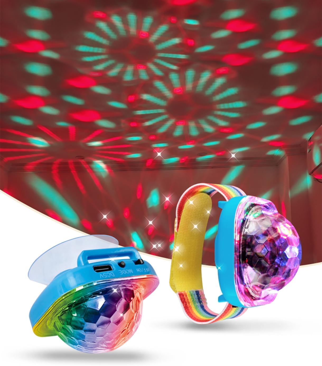 Mini Disco Light, Disco Ball Bracelet Light Wearable Mini Portable LED Lamp Night Strobe Watch Bracelet USB Charging Voice Controlled with Suction Cup for Room Decor Car Dance Club Party