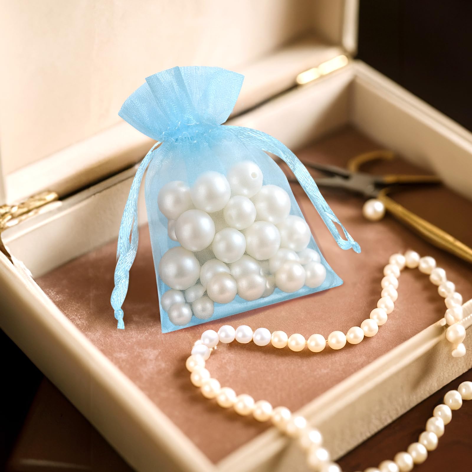jijAcraft Babyblau małe woreczki z organzy 7 x 9 cm: woreczki prezentowe ze ściągaczem, przezroczyste woreczki na biżuterię, 100 sztuk, woreczek z organzy, do napełniania, prezent na cukierki