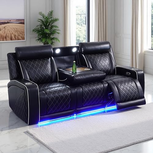 Miniatura 46 de Juego de sofá reclinable eléctrico, juego de sofá reclinable de cine en casa, sofá biplaza reclinable de cuero transpirable con Debut negro,Negro