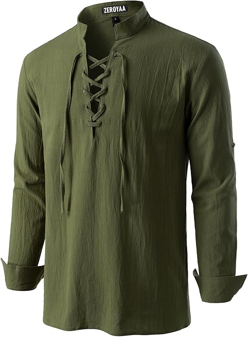 ZEROYAA Men's Medieval Vintage Long Sleeve Lace Up Shirt Renaissance Costume for Halloween Viking Pirate Cosplay
