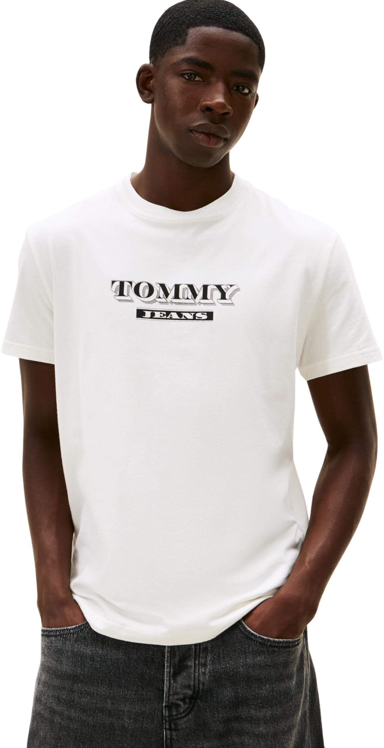 Tommy Jeans Men's TJM Reg Bills Font Ss Tee Ext Dm0Dm22322 S/S T-Shirt, White (Ecru), S