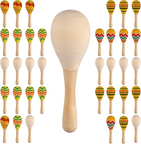 Paquete de 36 mini regalos de madera de Maracas de madera para fiestas, sin terminar, pintados a mano, juguetes para niños, pintura de cumpleaños,