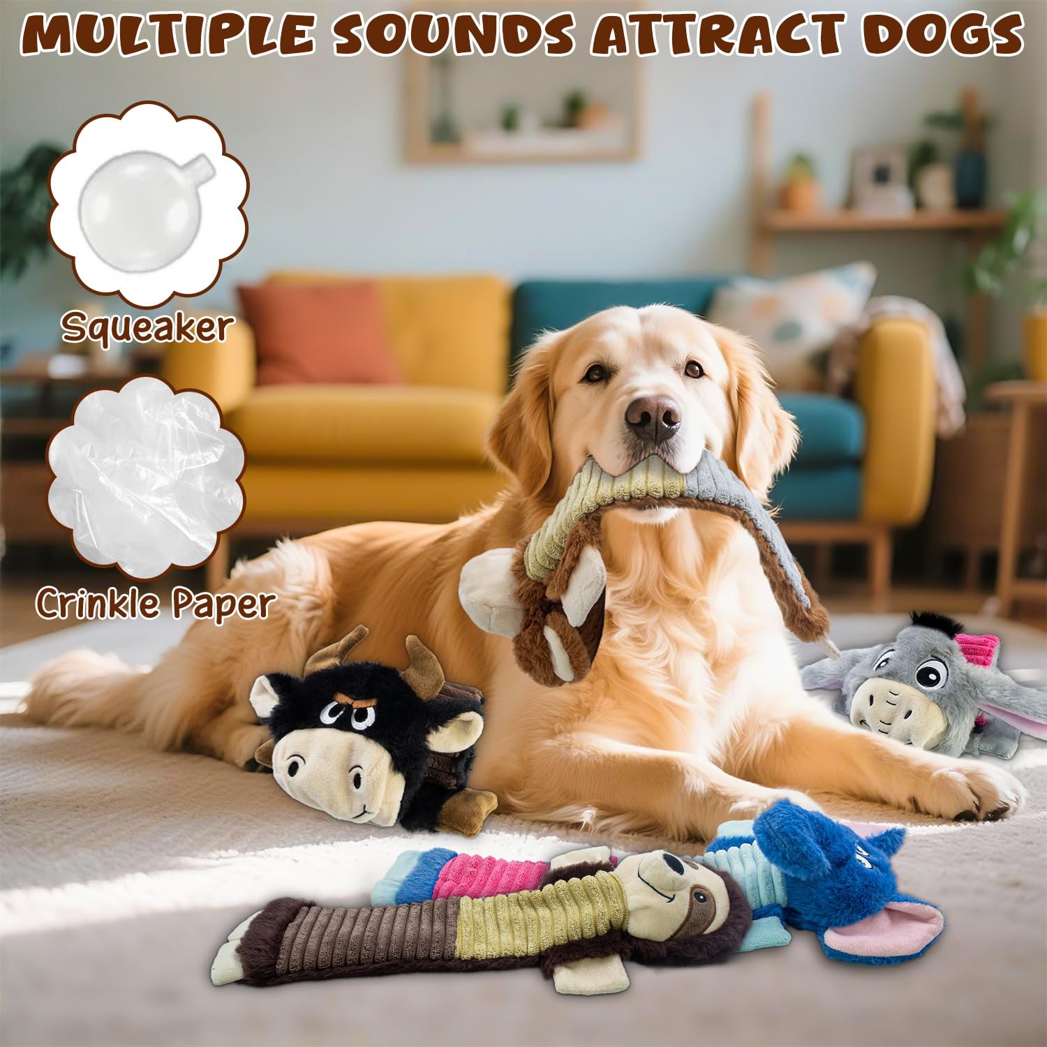 Paquete de 5 juguetes chirriantes para perros sin relleno, masticables para perros con arrugas y chirriantes, lindo peluche de animal para mantenerlos ocupados, adecuados para masticadores