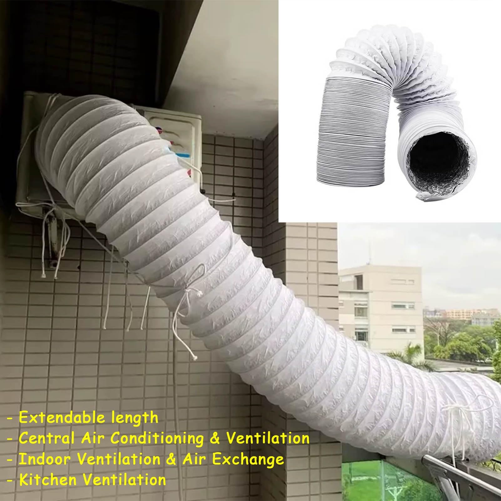 Abluftschlauch Flexibler Abluftschlauch für Den Außenbereich Weiß, Abluftschlauch-Set für Wäschetrockner für Beengte Platzverhältnisse, Lüftungsschlauch für Küche und Bad(Dia- 100mm(4in))