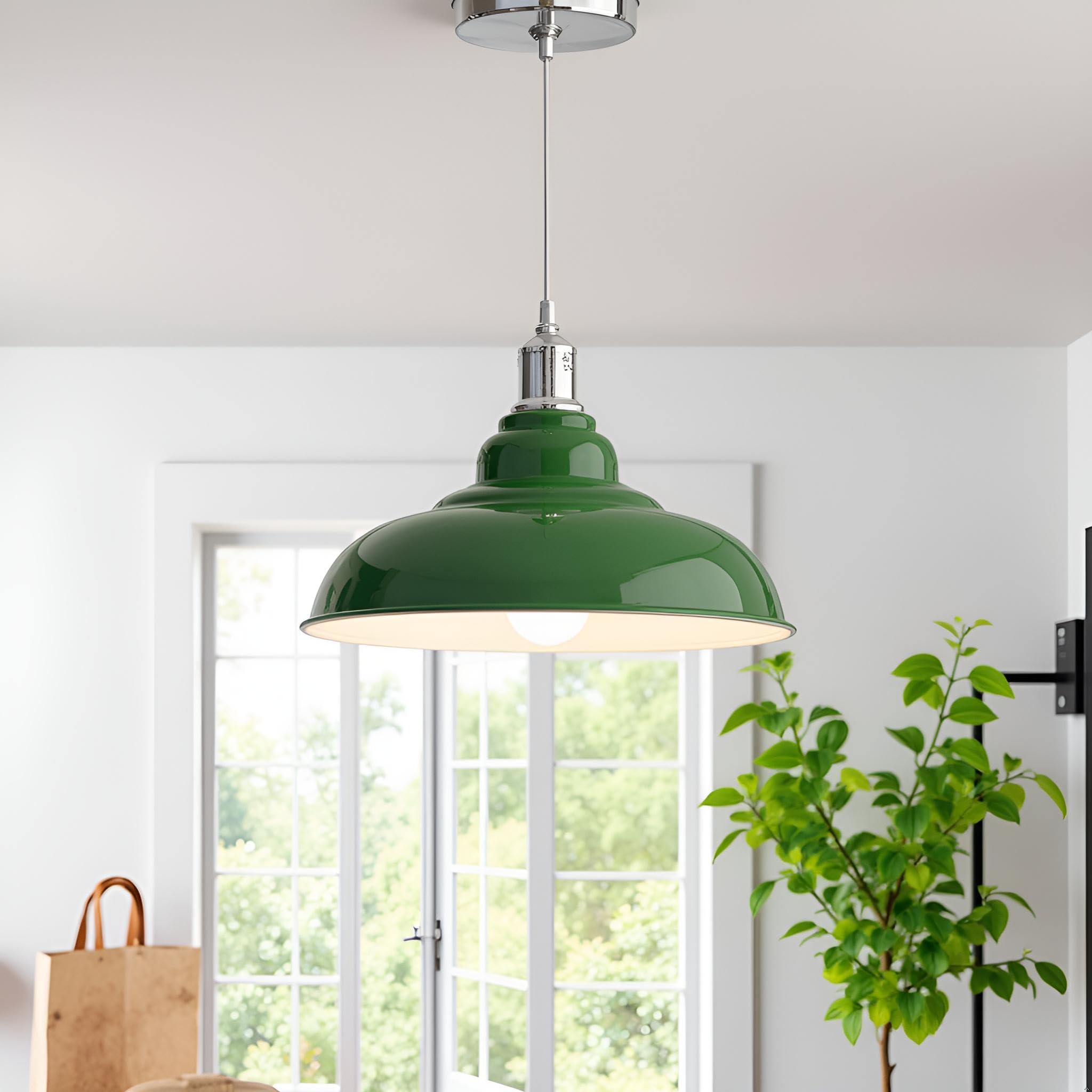 LEDSone Lampada a sospensione retrò E27 32 cm, lampada da soffitto in metallo, stile vintage, cavo regolabile - Faretto bianco per cucina, sala da pranzo, bar, caffetteria, ufficio (Verde)