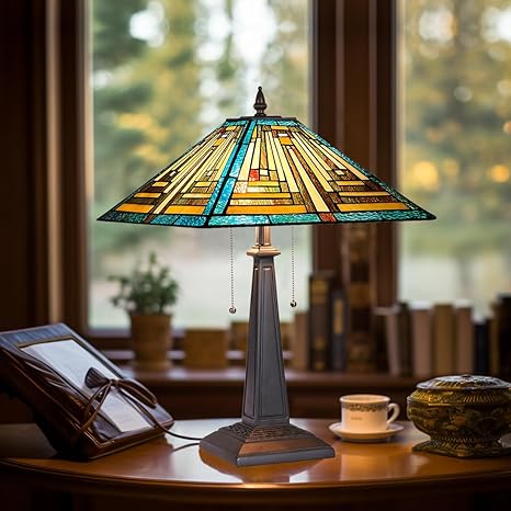 COTOSS Tiffany Table Lamps,16" Green Handcrafted Stained Glass Desk Lamp for Reading,2-Lights Mission Style Antique Nightstand Beside Light for Living Room Bedroom Office photo 3