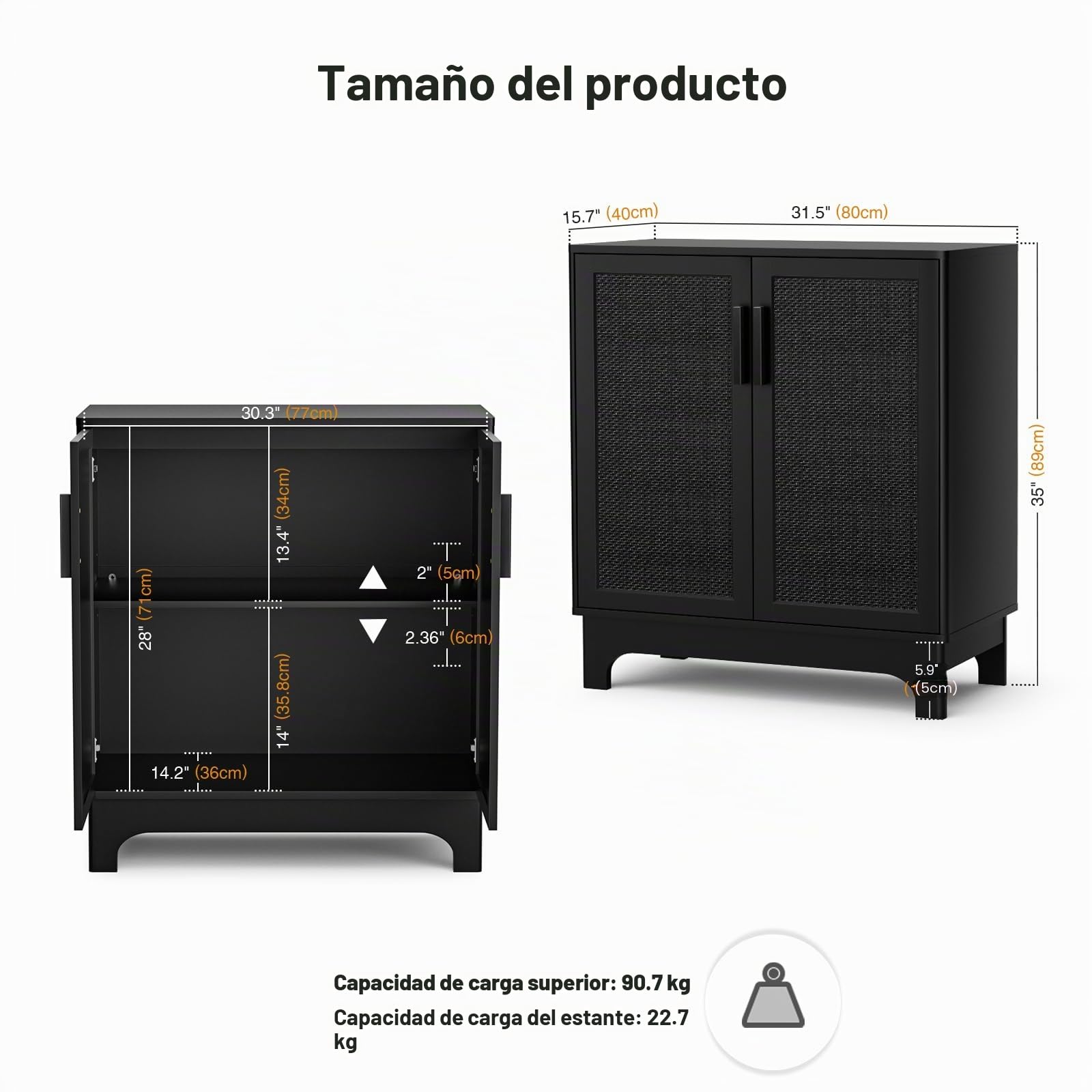 Aparador en Rattan, Aparador de Cocina Moderno, Mueble Almacenaje Cocina Madera, Estante Ajustable, Antivuelco, Negro, Buffet Armario para Salón, Comedor