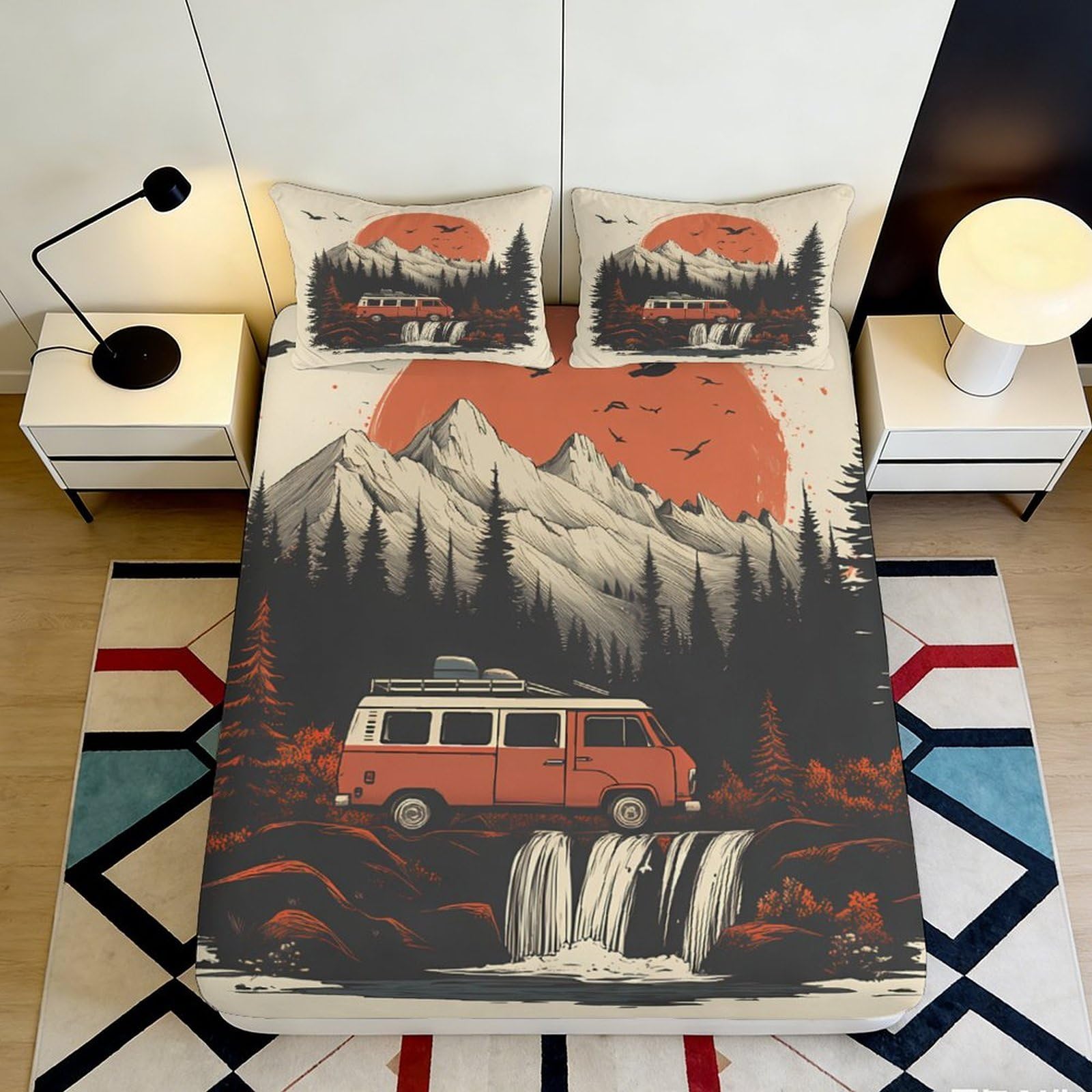 Pnayamiorkfel Style-10 3D Printed Mountain Sunset Fitted Sheet Microfiber Orange Camper Forest Bed Cover For Bedroom Guest Room Decor 90X200x25cm