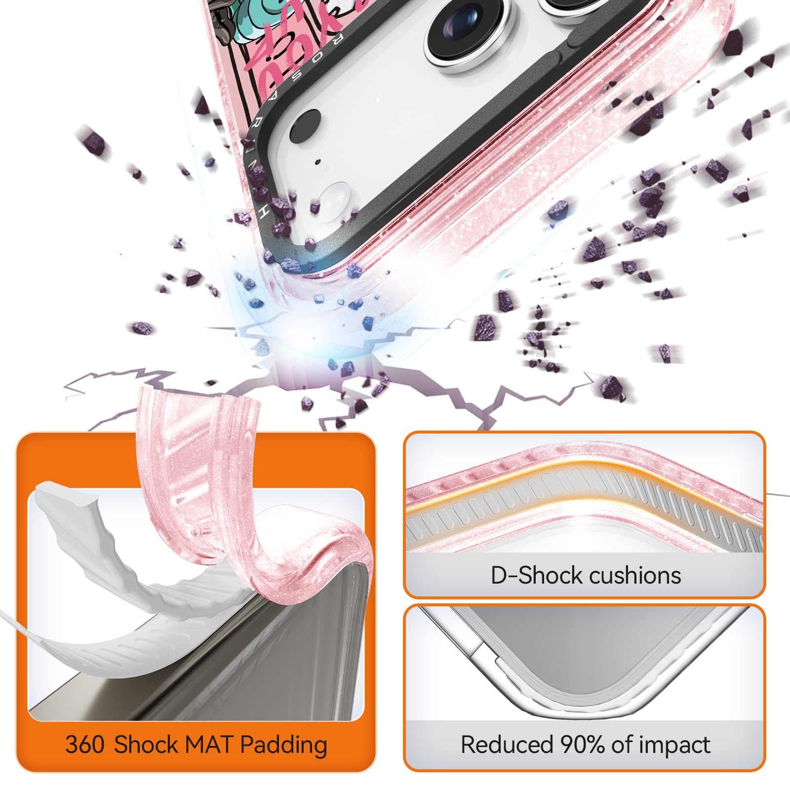 Rosarnnah for iPhone 14 Pro Case Cute - Durable Shockproof 6.6 ft Drop Impact Phone Case - Funny Skeleton Design (6.1") Glitter Pink: iPhone 17 Pro Basic Case Skeleton