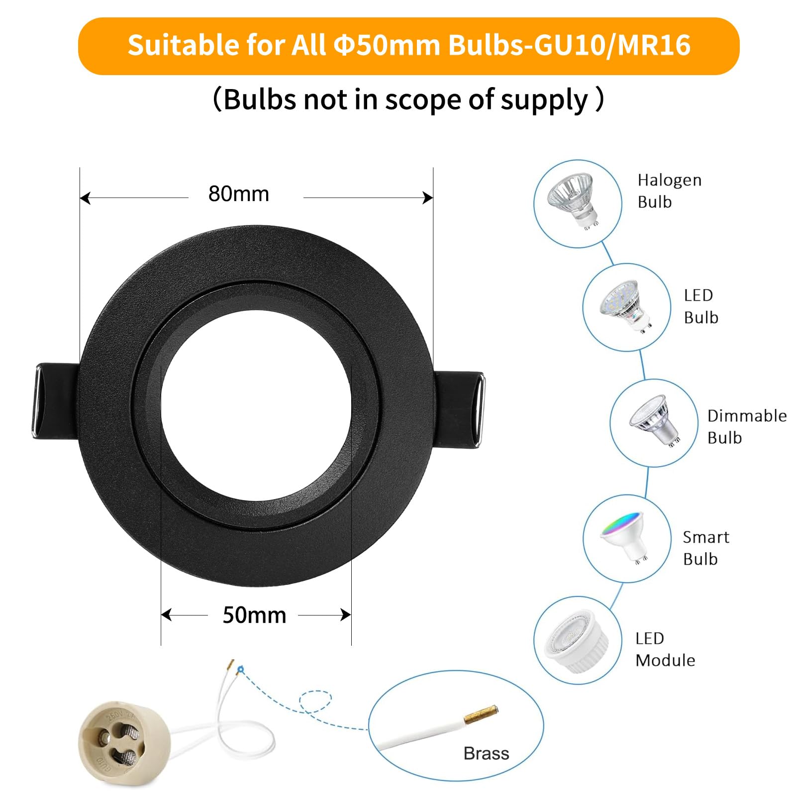GeyouLux Reflektor LED do zabudowy 230V Rama z gniazdem GU10, czarne aluminiowe reflektory sufitowe, okrągłe płaskie reflektory łazienkowe rama montażowa 68 mm do GU1O/MR16 Zestaw 6 szt
