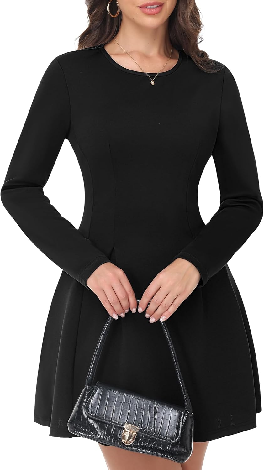 Women's Long Sleeve Mini Dress Crewneck Pleated Babydoll A Line Short Dress Wedding Guest Cocktail Party Dresses - Image 6