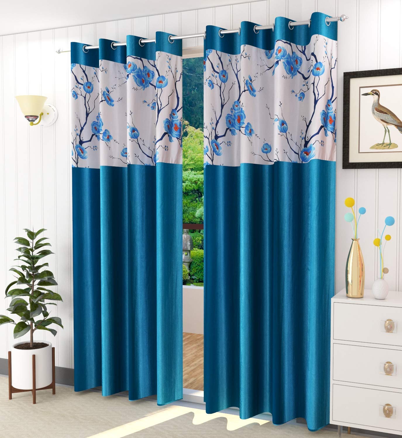 GOYCORS? Eyelet Polyester Aqua Flower Double Patch Door Curtains (Set of 2), (Aqua, Door-7 Feet) (B092MPWFJG) Amazon Price History, Amazon Price Tracker