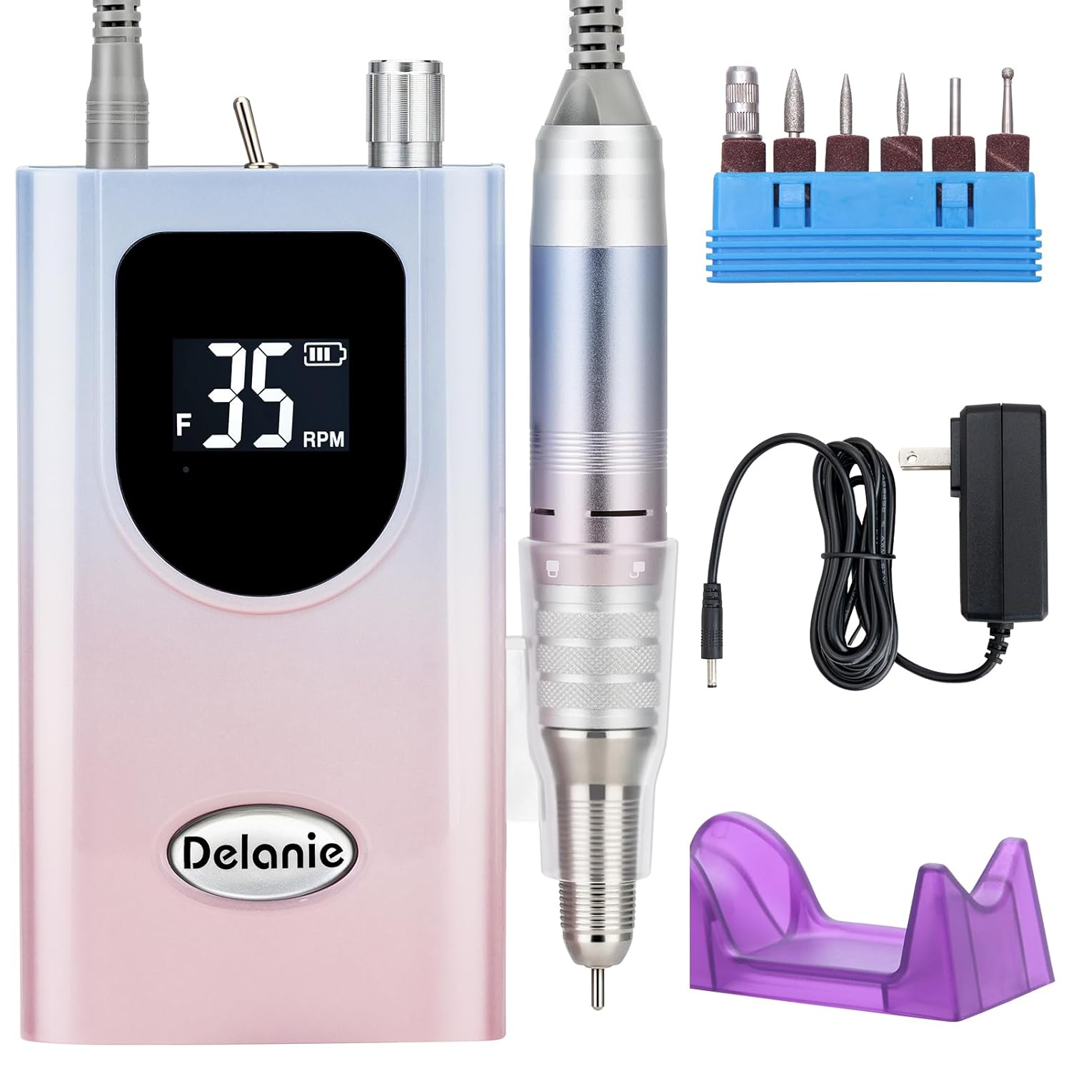 Delanie Professional Nail Drill High Torque 35000 RPM Rechargeable Portable Electric Nail File Filer for Acrylic Gel with Cuticle Bits, Salon Manicure Tool, Gradient Pink Delanie Professional Nail Drill High Torque 35000 RPM Rechargeable Portable Electric Nail File Filer for Acrylic Gel with Cuticle Bits, Salon Manicure Tool, Gradient Pink