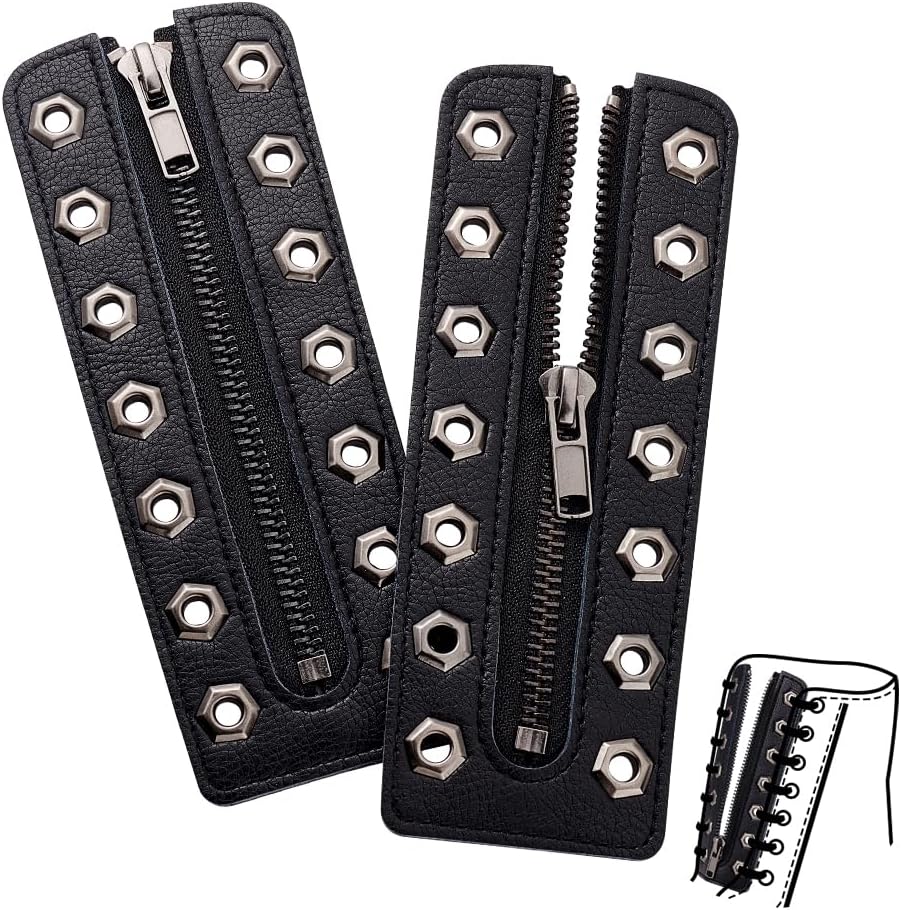 PH PandaHall 2pcs Leather Lace-in Boot Zipper Inserts, 6.3 x 2.2 Inch Black Cowhide Tieless Shoe Laces Eyelets Zipper Boot Laces 7 Holes No Tie Shoe Laces for Women Sneakers Laces Repair DIY, Gunmetal