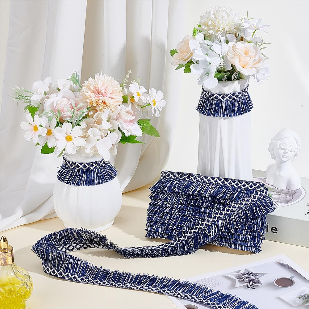 9 Yards Blue White Tassel Trim 1.46 Inch(37mm) Sewing Fringe Trim Embroidery Tassel Ribbon Fringe Ribbon for Curtain Pillow Carpet Umbrella Decoration