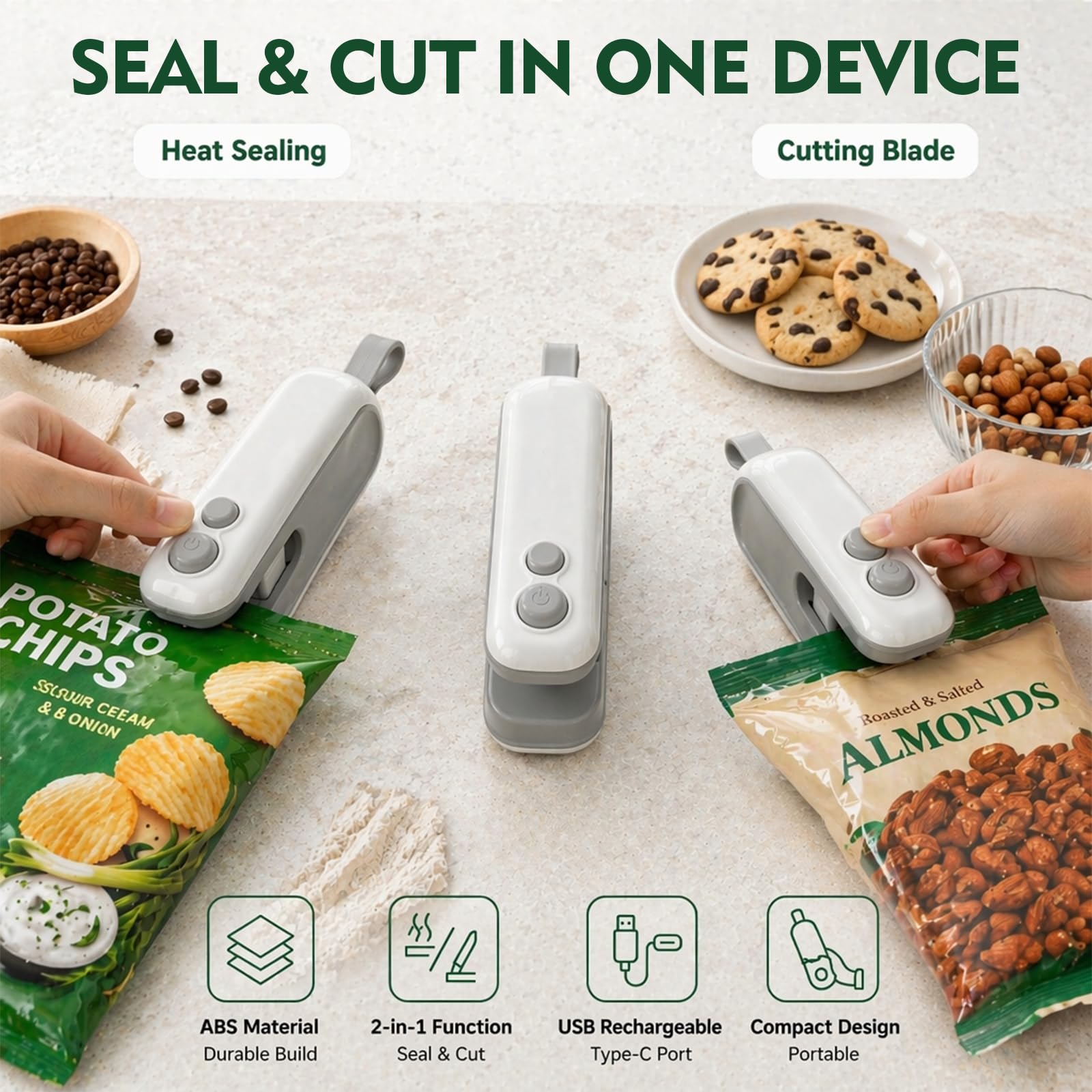Mini Folienschweißgerät 2 in 1 mit Cutter & Magnet, USB Bag Sealer, Tüten Schweißgerät für Lebensmittel Snacks, Tragbares Gerät für Küche(Weiß)