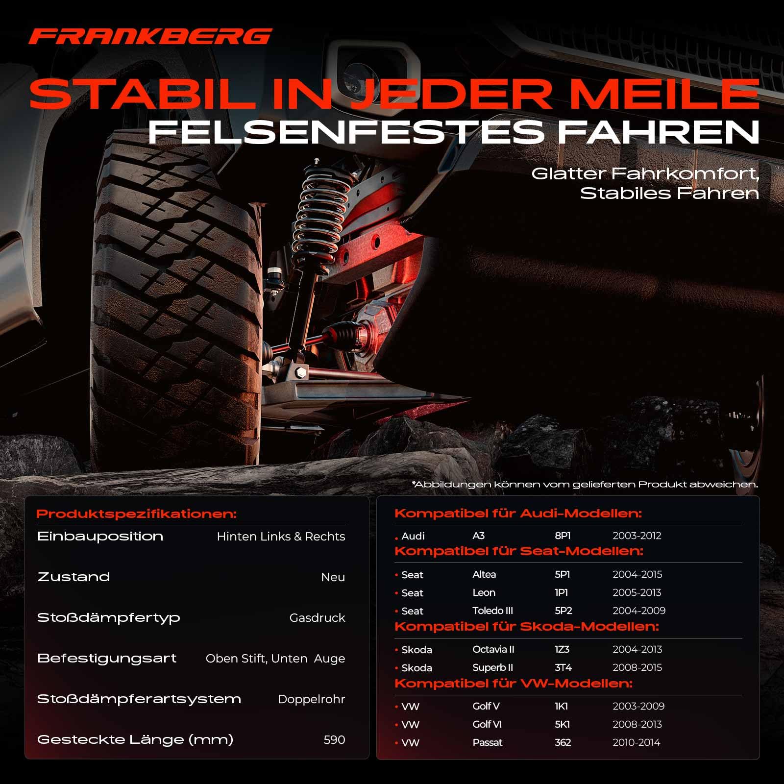 Frankberg 2x Stossdämpfer Stoßdämpfer Hinten 590mm Gasdruck 400019 | Kompatibel mit Altea XL 5P5 5P8, T.o.u.r.a.n 1T1 1T2, CC 358, Golf Plus 521 5M1, O.c.t.a.v.i.a II 1Z3
