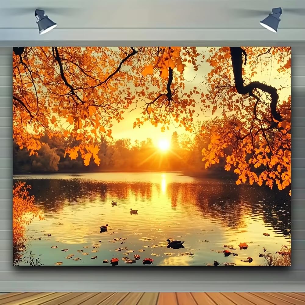 DFZEWKI autumn background cloth with fallen leaves and a sunset over the lake suitable for Living Room Home Decor(60x80cm(24x31in)/No frame)