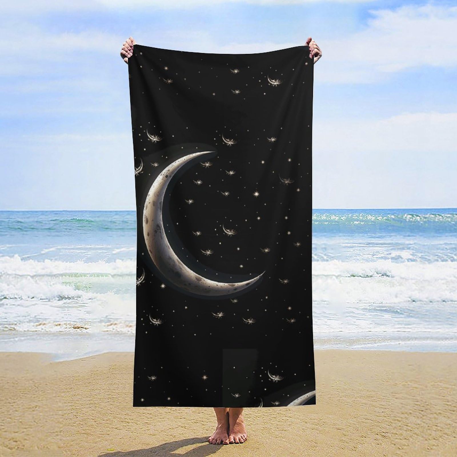 NTVOWPZO Crescent Moon on Black Background Beach Towel Oversized Microfiber Bath Towels Lightweight Sand Proof Beach Towels Absorbent Pool Towels for Swimming Yoga Bathroom Towel 31.5" X 63"
