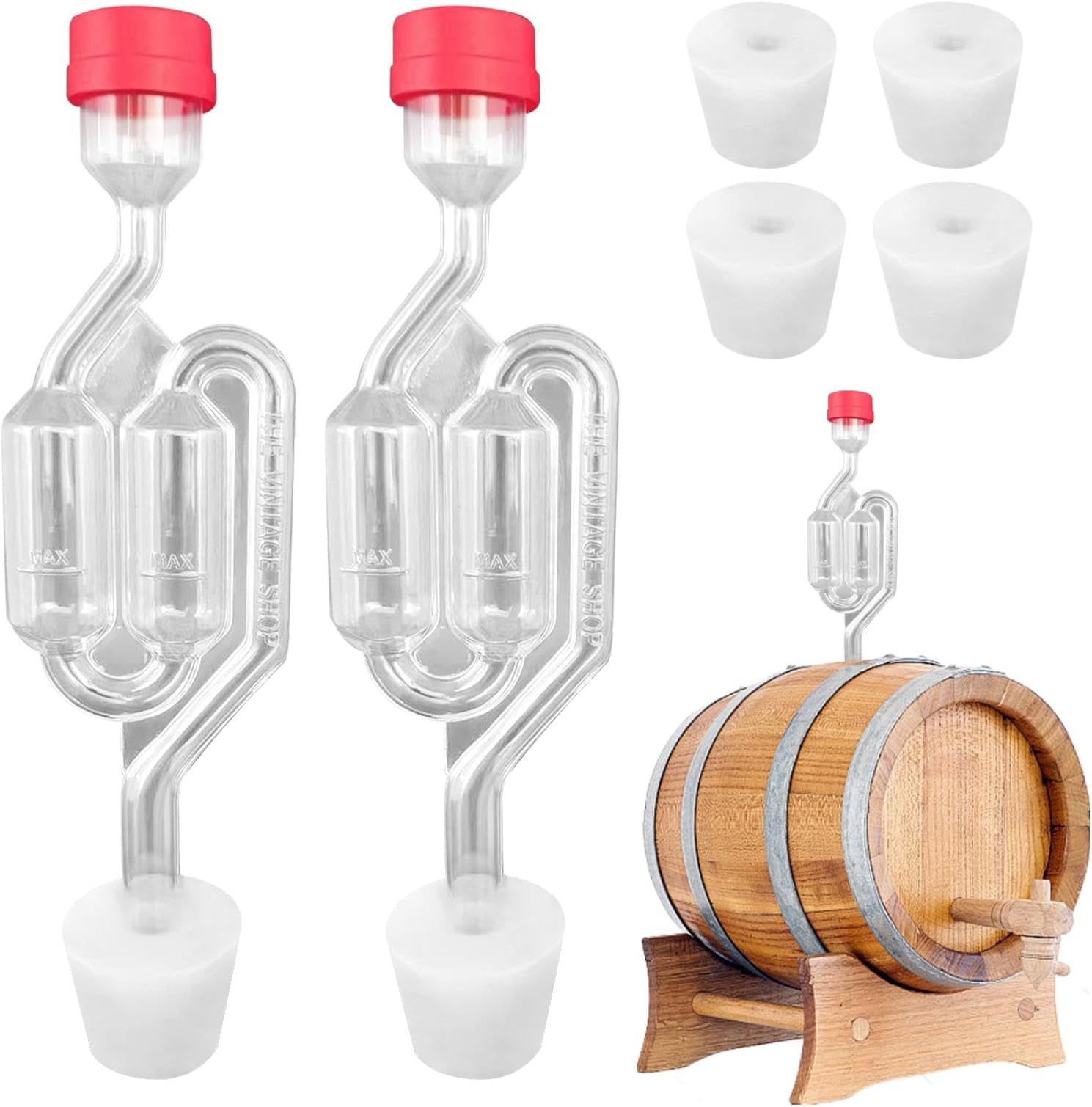 FDKJOK 2 x Bubbler Airlocks and 4 x Bungs Fermentation Airlocks & Bored Rubber Bungs for Glass Demijohns, Homebrewing, Winemaking, Mead Making, Beer Making, Cider Making, Fermenting(White)