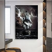 Vista 5 de lzvexcels Pintura impresa de barco pirata, póster retro de barco de vela negro e impresión de barco sobre lienzo oceánico para decoración de listo