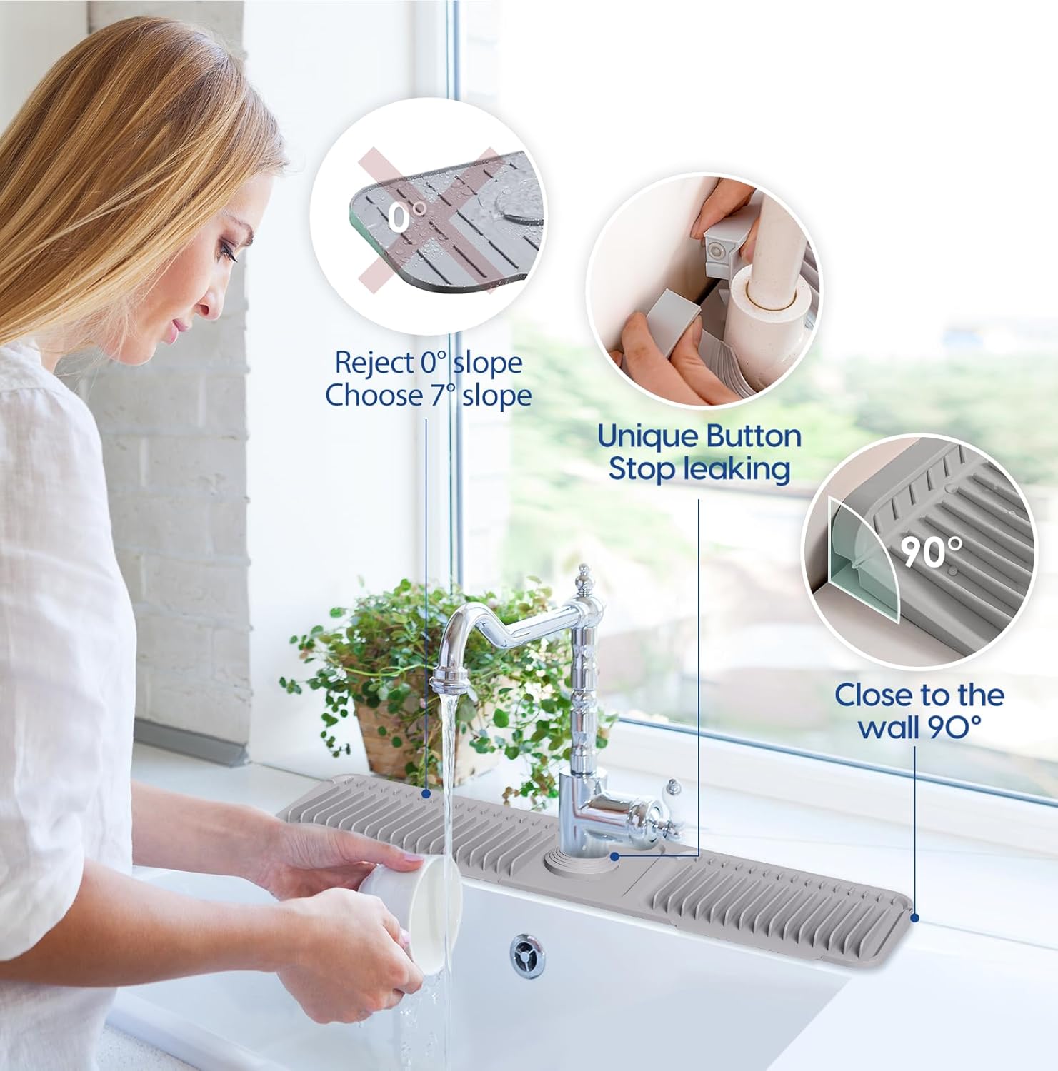 24 Inch Silicone Faucet Mat for Kitchen Sink Splash Guard - 7° Slope Upgraded Water Draining Mat with Fasten Button for Bathroom Area (Gray, 24''x5.5'')