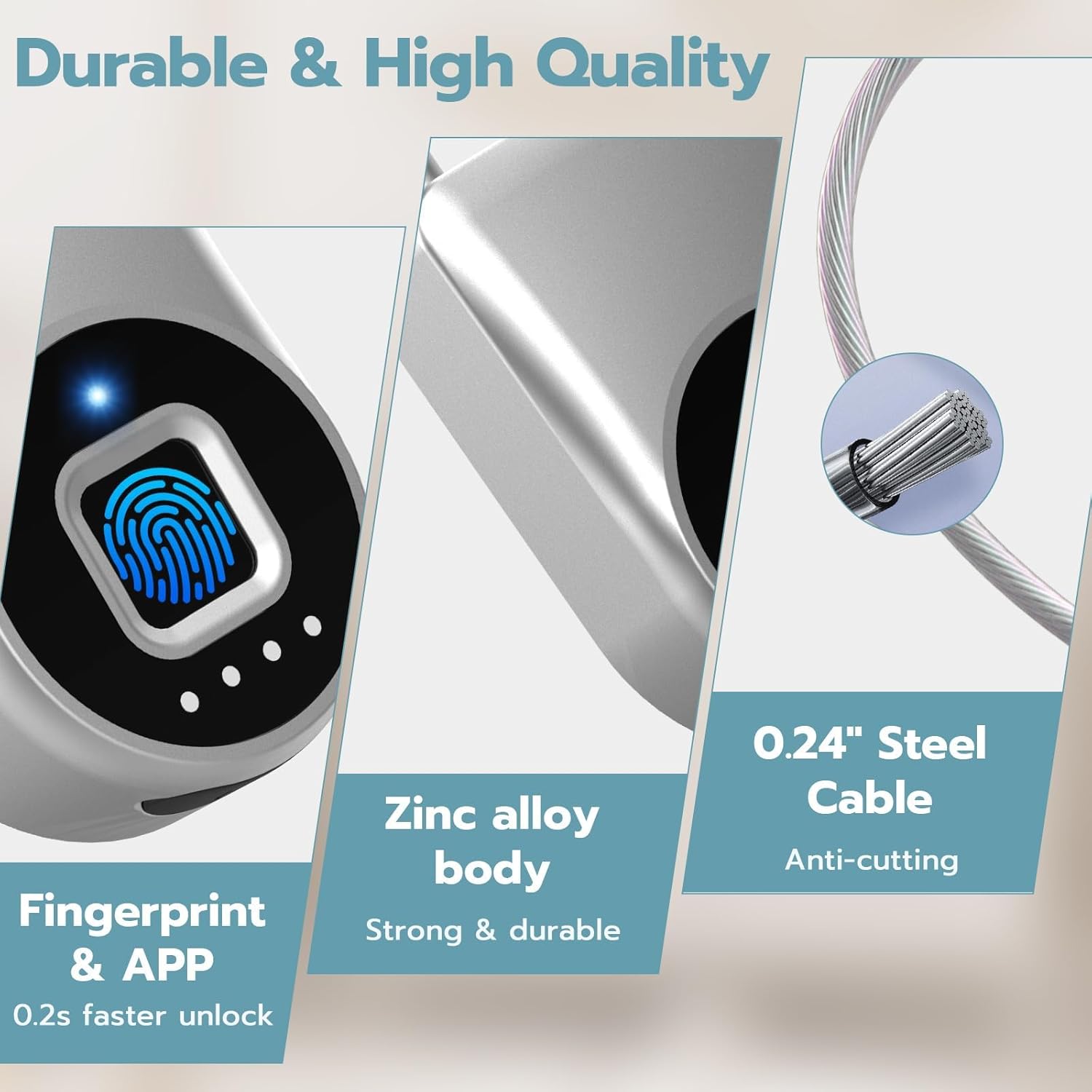 Fingerprint Cable Lock, Fridge Lock Child Proof Cabinet Locks with Bluetooth APP Control, Waterproof Refrigerator Lock French Door, Gate, Kitchen, Freezer, Cabinets and Drawers-Sliver