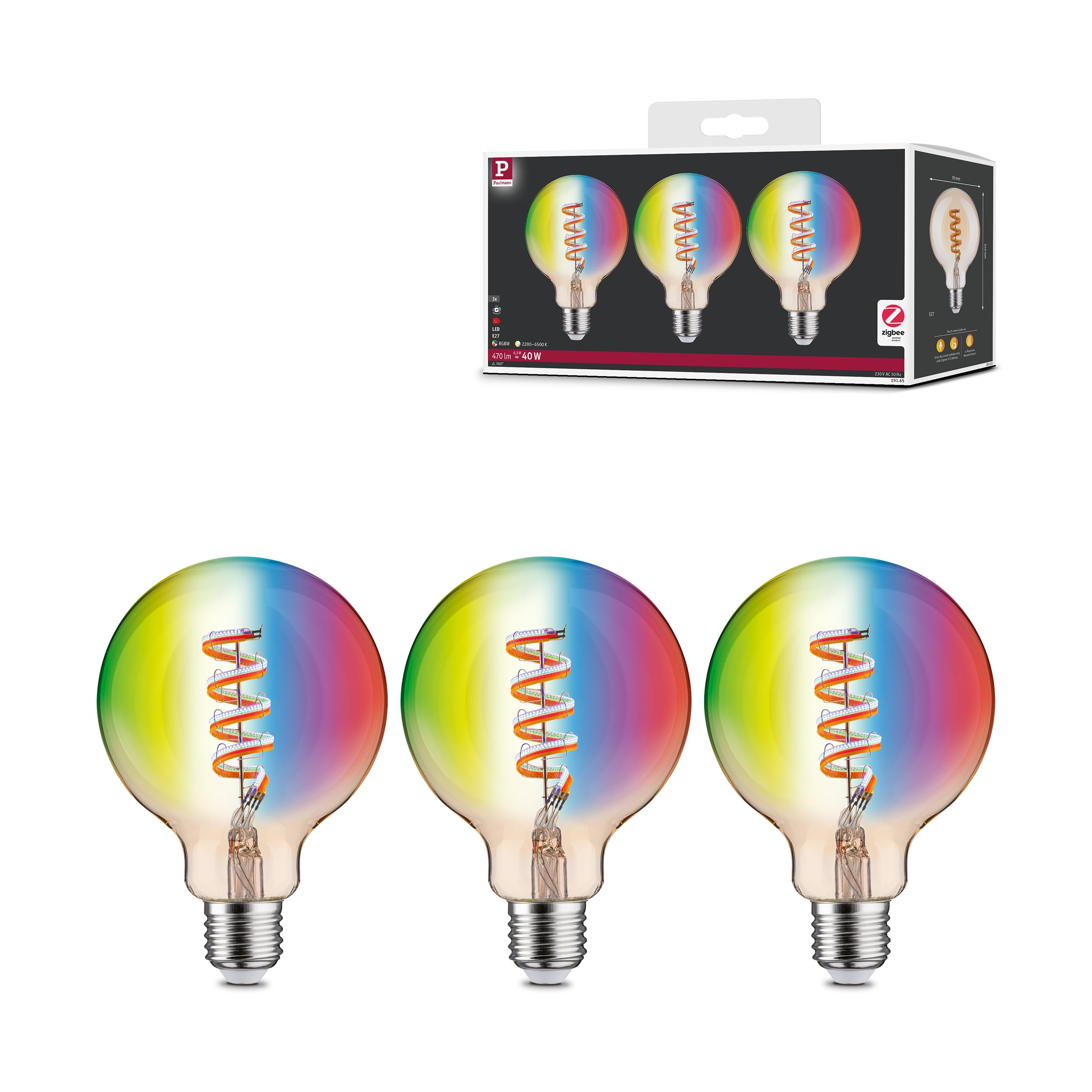 Paulmann 29165 Filament 230V Smart Home Zigbee LED Globe G95 E27 3x470lm 3x6,3W RGBW+ dimmbar Gold Leuchtmittel
