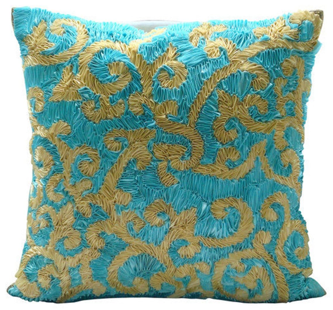 The HomeCentric Blue Euro Sham, 65x65 cm (26x26 inch) Euro Sham, Blue and Yellow Ribbon Abstract Euro Cushion Shams, Silk Euro Sham, Floral Contemporary Euro Shams - Creative Ribbons — image 1