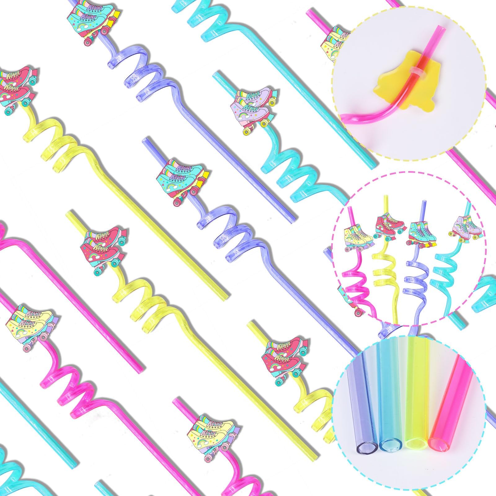 送料無料Roller Skate Party Straws, Roller Skate Party Favors Include 24pcs Reusable Drinking Straws Plastic 80s Theme Straws for Roller Skatin並行輸入