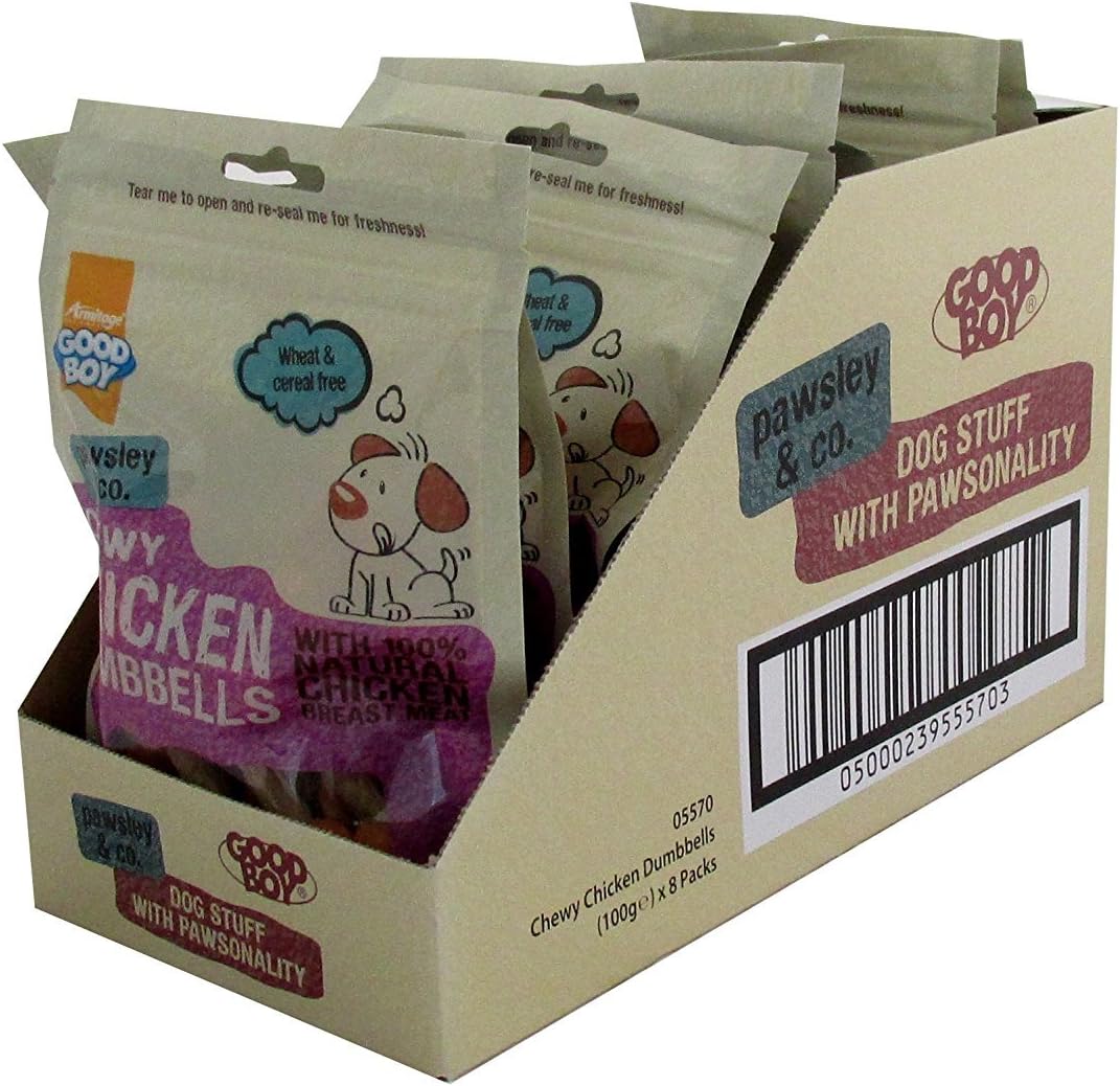 2X Good Boy Dog Treats Chewy Chicken Dumbbells, case of 8 x 100g packs