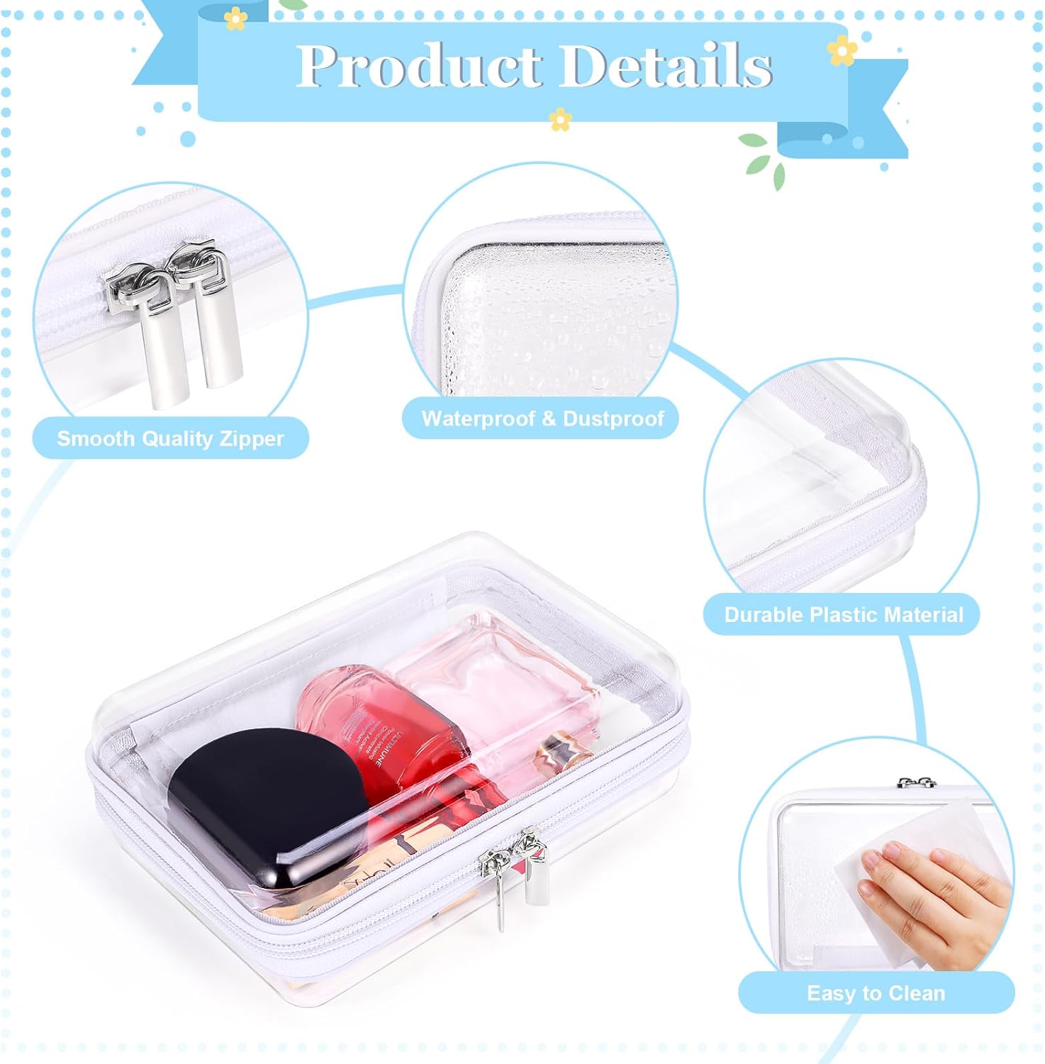 2 Pack Zippered Hard Pouch, Clear Plastic Storage Box Containers Small Toiletry Bag, Clear Hard Shell Zipper Case for Small Items, Toys, Building Blocks, Puzzles, Cosmetics, Stationery Accessories - Image 3