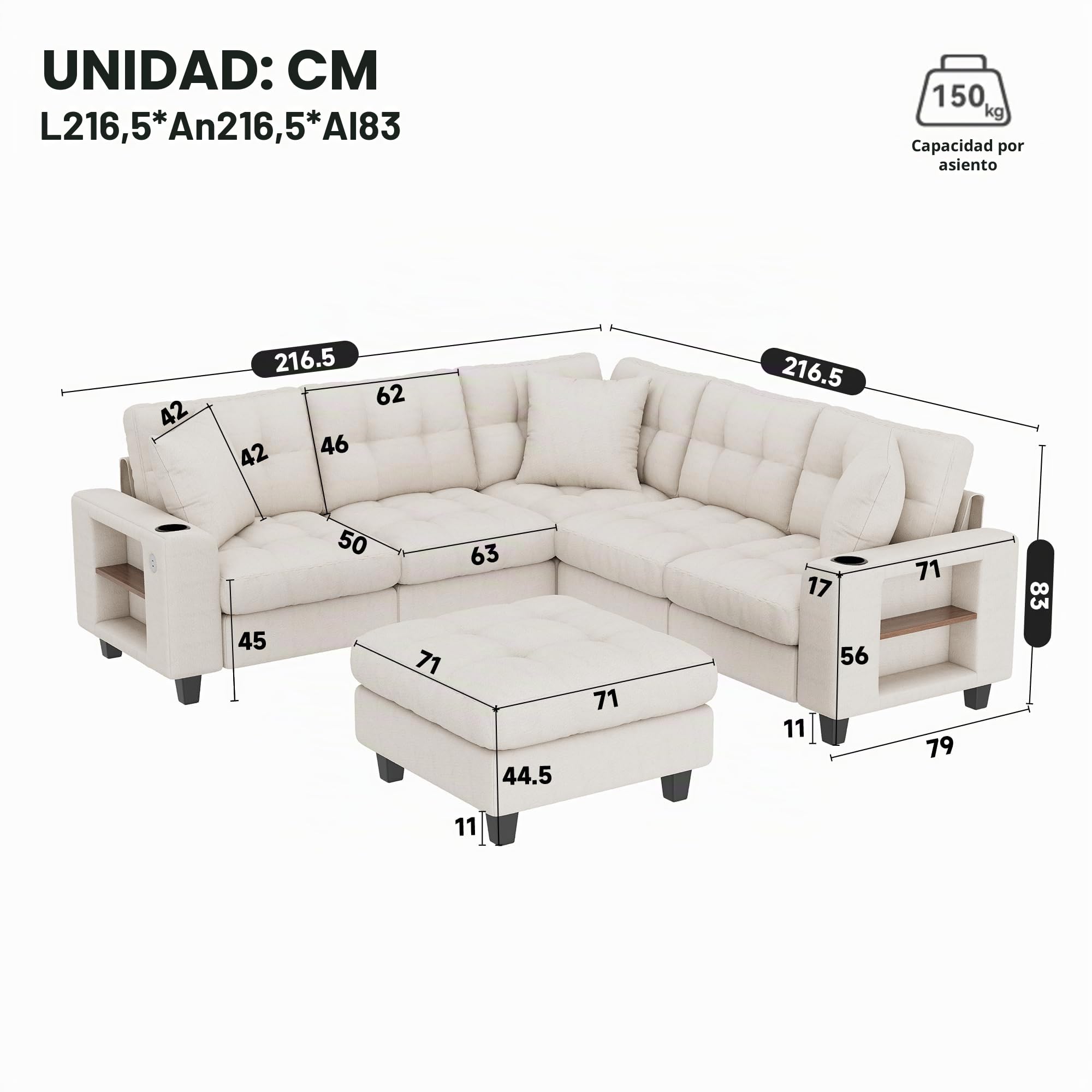 Sapgaks Sofá modular moderno de 6 plazas, con USB y portavasos, sofá de esquina modular muy grande en forma de U/L, con reposapiés extraíble y apoyabrazos con estantería, tela de chenilla, beige