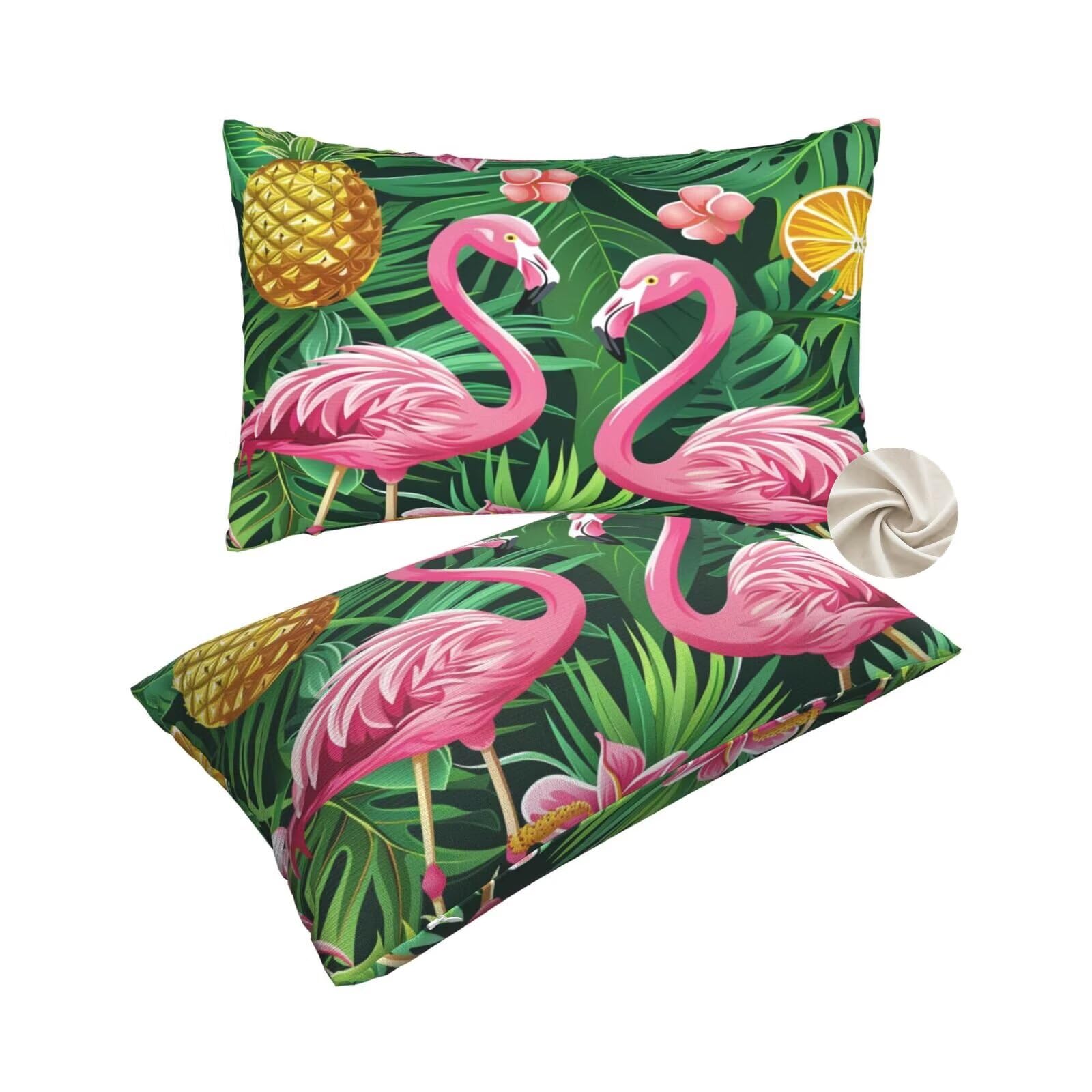 Housses de coussin 50x80 cm en lot de 2 vert et motifs flamants roses pour canapé