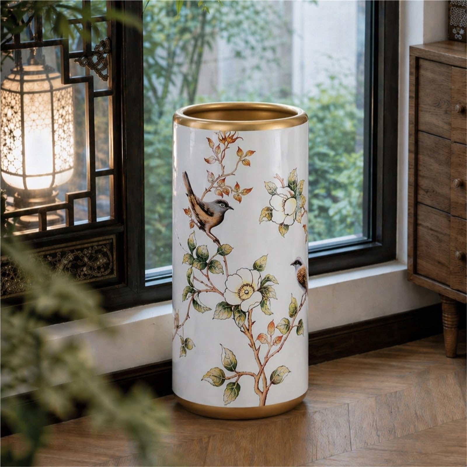 YAIUNHIQ Vintage Round Umbrella Stand with Floral Pattern, Decorative Umbrella Bucket, Multi-Purpose Storage Holder for Umbrellas, Canes and Walking Sticks
