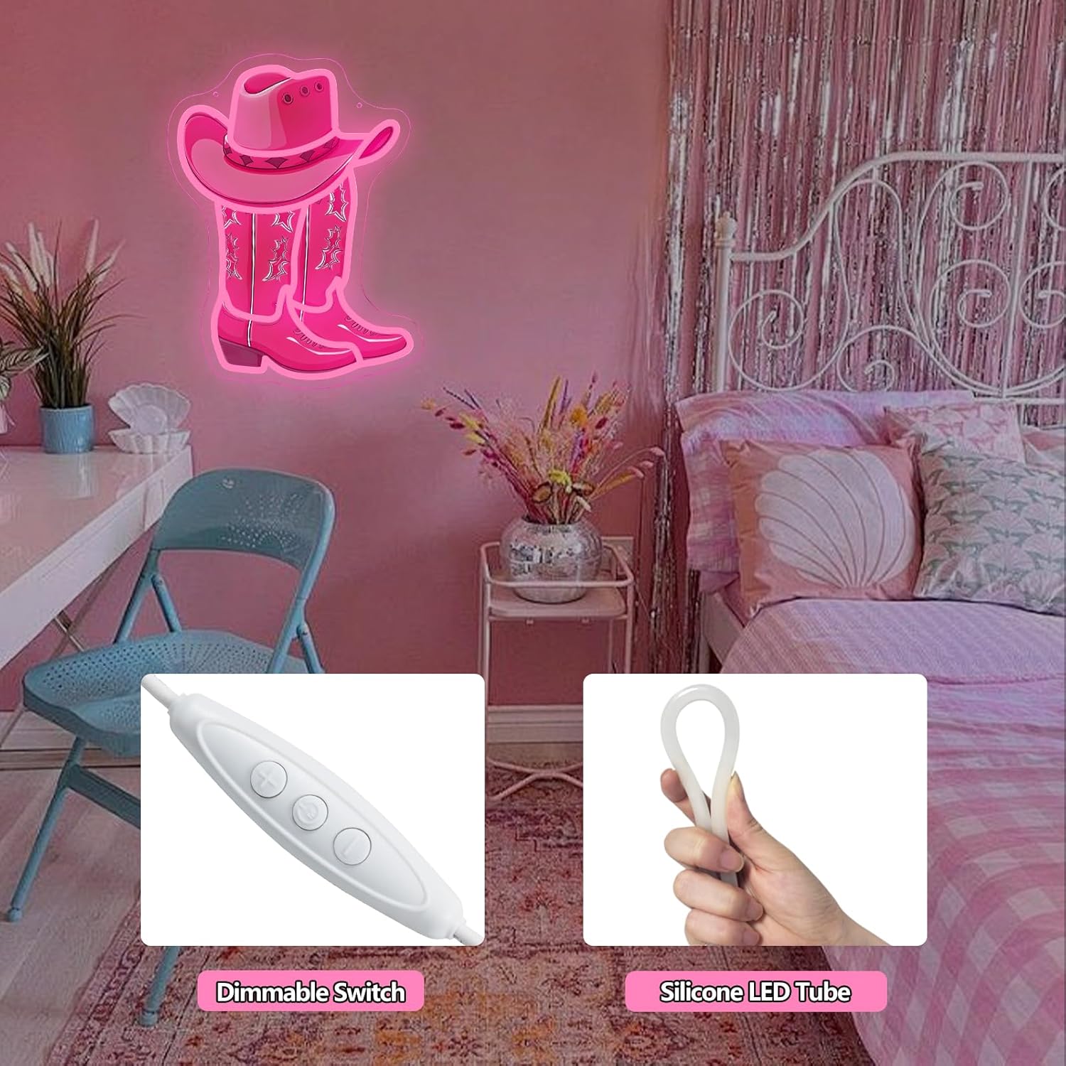 Pink Cowboy Boot Neon Sign 16.2"x12.3"LED Western Cowgirl Print Boot and Hat Neon Light for Wall Decor Dimmable Pink Light Up Sign for Girls Boys Bedroom Game Room Bar Ideal Present for Party Birthday Christmas Rodeo Western Enthusiasts