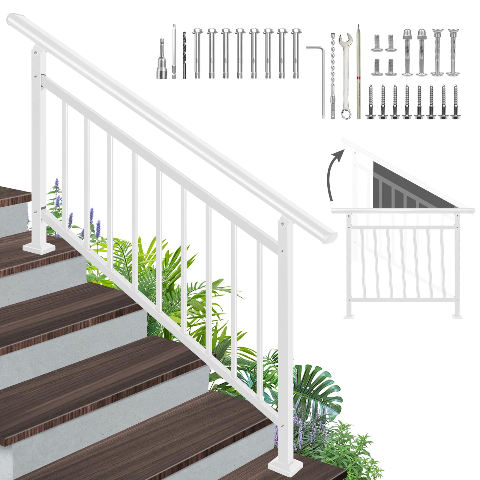 Adjustable Handrails for Outdoor Steps - White Metal Stair Railing with Installation Kit, Porch Railing Fits 1 to 5 Steps or Horizontal Use, Wrought Iron Hand Rails for Outdoor Steps